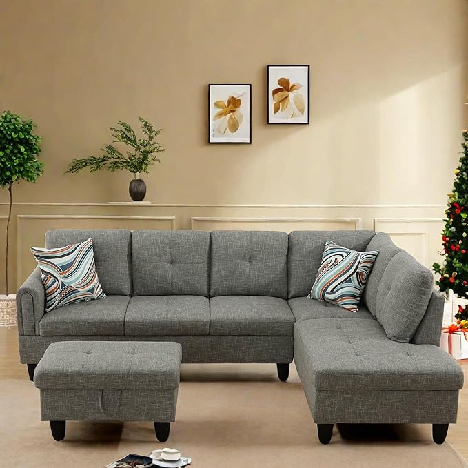FONTOI L Shaped Sectional Couch with Otttoman, 97" Sectional Sofa for Living Room Flannel Modular Couches with Cup Holders for Bedroom, Apartments, Grey