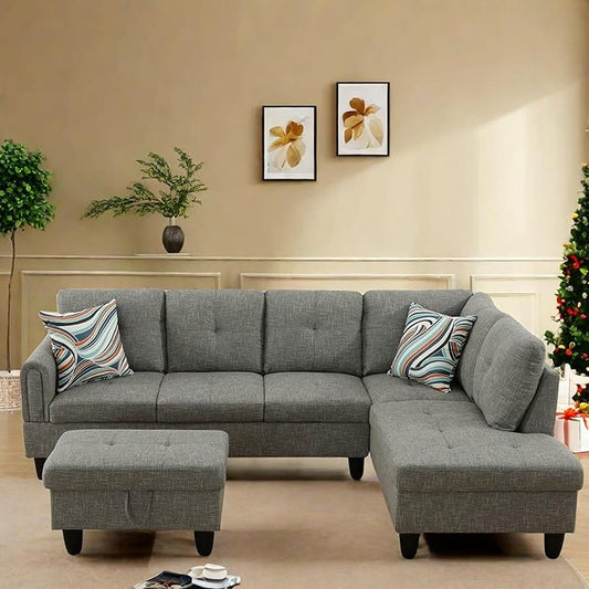 FONTOI L Shaped Sectional Couch with Otttoman, 97" Sectional Sofa for Living Room Flannel Modular Couches with Cup Holders for Bedroom, Apartments, Grey