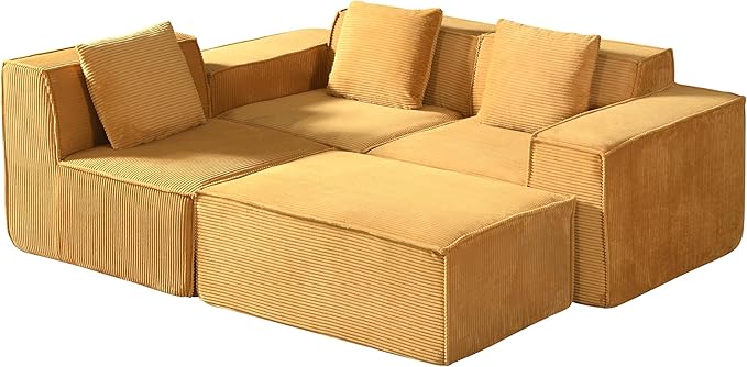 Compressed Sofa L Sectional, 112" Modular Cloud Couch with Ottoman, 23.2" Deep Seat Corduroy High-Back L-Shaped Sectional for Living Room/Bedroom, No Assembly, Ginger Yellow