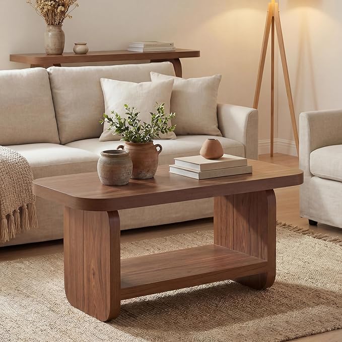 LITTLE TREE Wooden Coffee Table, 47.2" Center Table with Storage, Modern Farmhouse Rectangle Living Room Tables with Rounded Corners for Living Room, Bedroom, Kids Room, Home Office, Brown