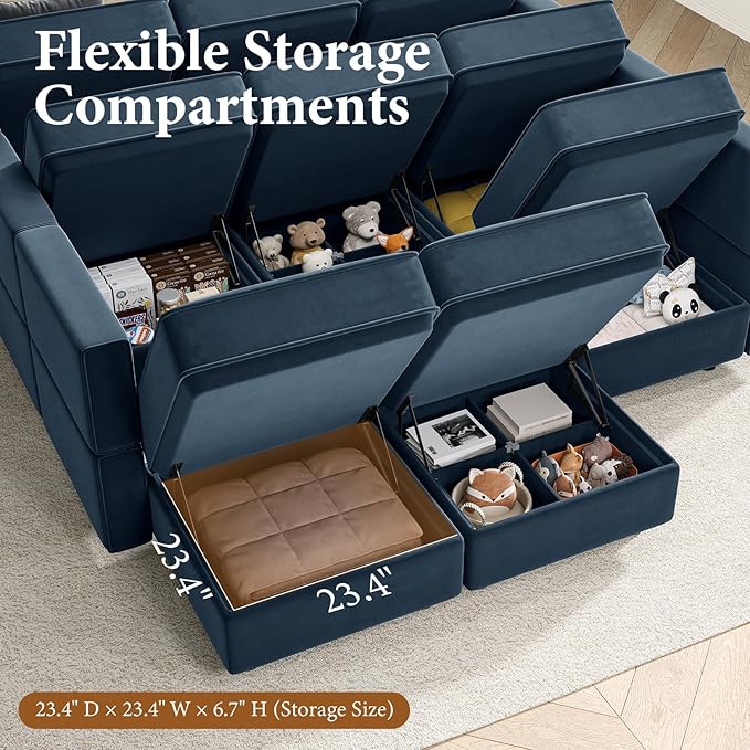 Vesgantti Sectional Couches with Storage Seats, 118" L Shaped Convertible Modular Sectional Sofa, 4 Seat & 2 Ottomans Velvet Storage Chaises Deep Seat Couch for Living Room, Bedroom, Apartment, Blue