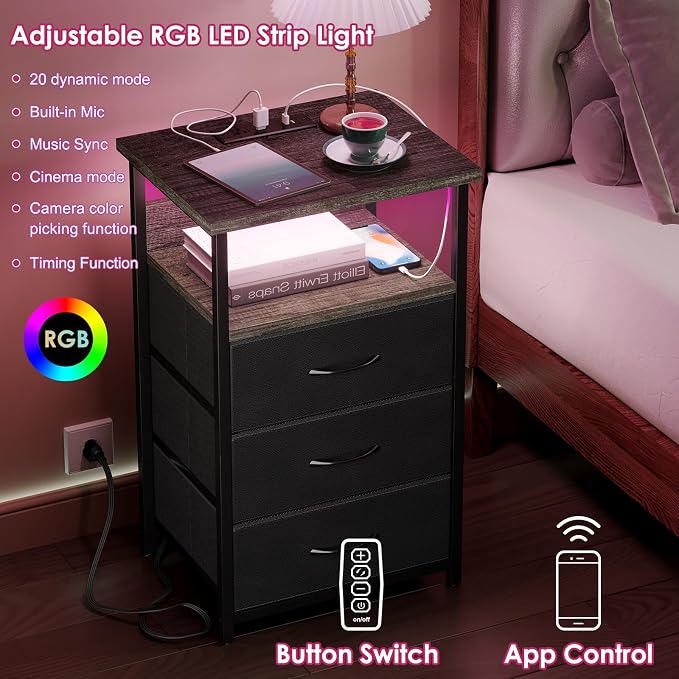 Fixwal Night Stand with Charging Station, LED Nightstand with U-S-B Ports and Outlets, 3 Fabric Storage Drawers with PU Finish, Bed Side Table, Charcoal Gray - Image 4