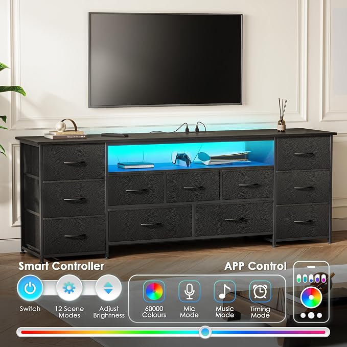 Huuger 63 Inch TV Stand for 65, 70 Inch TV, 11 Drawer Long Dresser with Power Outlets and LED Lights, Entertainment Center with Storage, Black Dresser with PU Leather Surface - Image 4