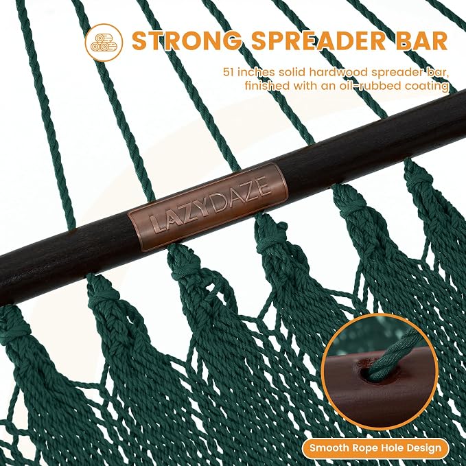 Lazy Daze Hammocks 10.5 FT Double 2 Person Caribbean Rope Hammock, Hand Woven Polyester Hammock with Spreader Bars, for Outside Outdoor Backyard Patio Poolside, 450 LBS Capacity, Green - Image 5