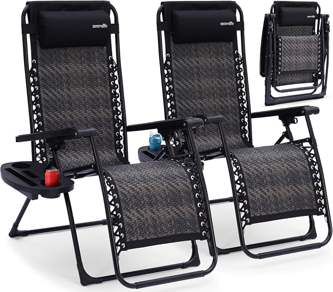 SereneLife Zero Gravity Lounge Chair Set of 2 – Outdoor Reclining Patio Chairs with Rattan Side Table, Cup Holder & Pillow Foldable Lawn Chairs for Patio Furniture, Garden, Beach, or Indoor Relaxation by SereneLife