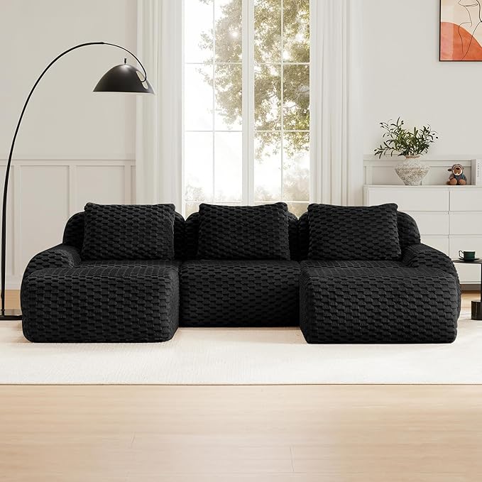 114" U-Shaped Compressed Sectional Cloud Sofa, Flannel Upholstered Modular Deep Seat Sofa with 5 Pieces, Symmetrical Boneless Foam Modular Cloud Couches for Living Room