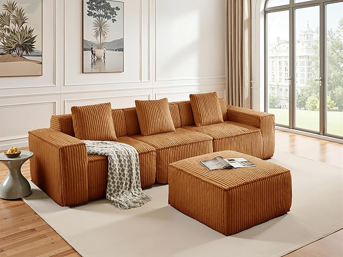 L-Shaped Corner Corduroy Sectional Sofa 4 Seat Modular Boneless Sofa Foam Cloud Couch with Movable Ottoman and Toss Pillows,Modern Deep Seat Convertible Chaise Sofa