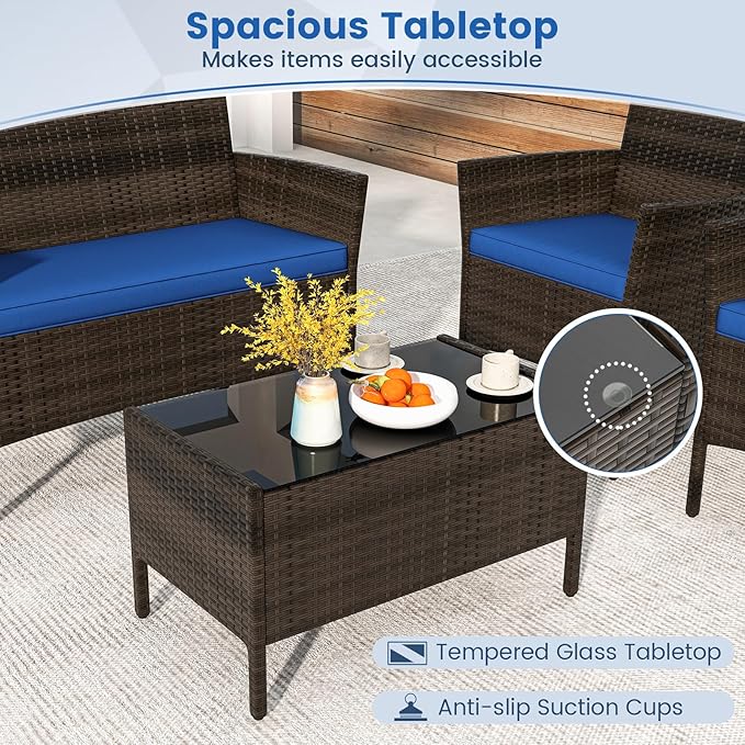 DORTALA Wicker Patio Furniture Set 4 Piece, Outdoor PE Rattan Table & Chairs Set with Tempered Glass Coffee Table, Loveseat, Cushions, Conversation Set for Balcony, Porch, Backyard, Deck, Navy