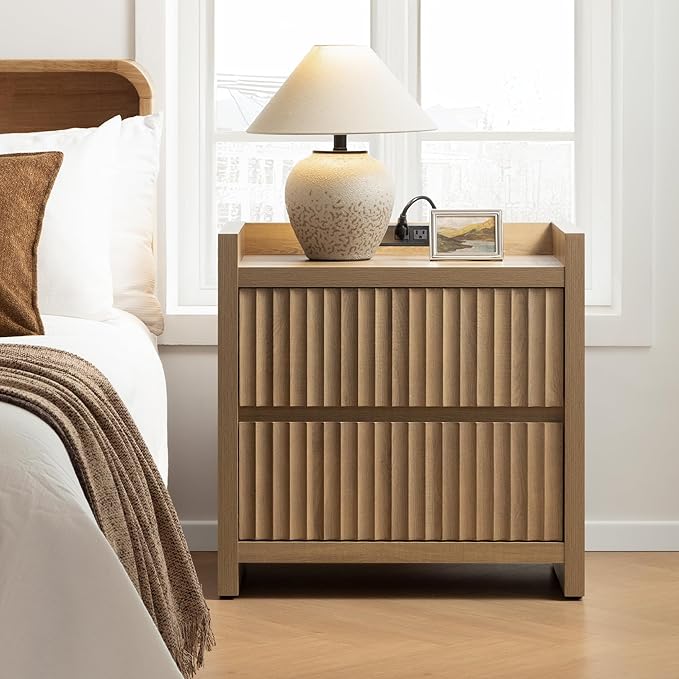SICOTAS Night Stand Fluted Nightstands with Charging Station-Modern 2 Drawers Nightstand 25" Tall Bedside Table End Table, Large Night Stands for Bedroom, Sofa Side (Caramel Oak, 1 Piece) by SICOTAS