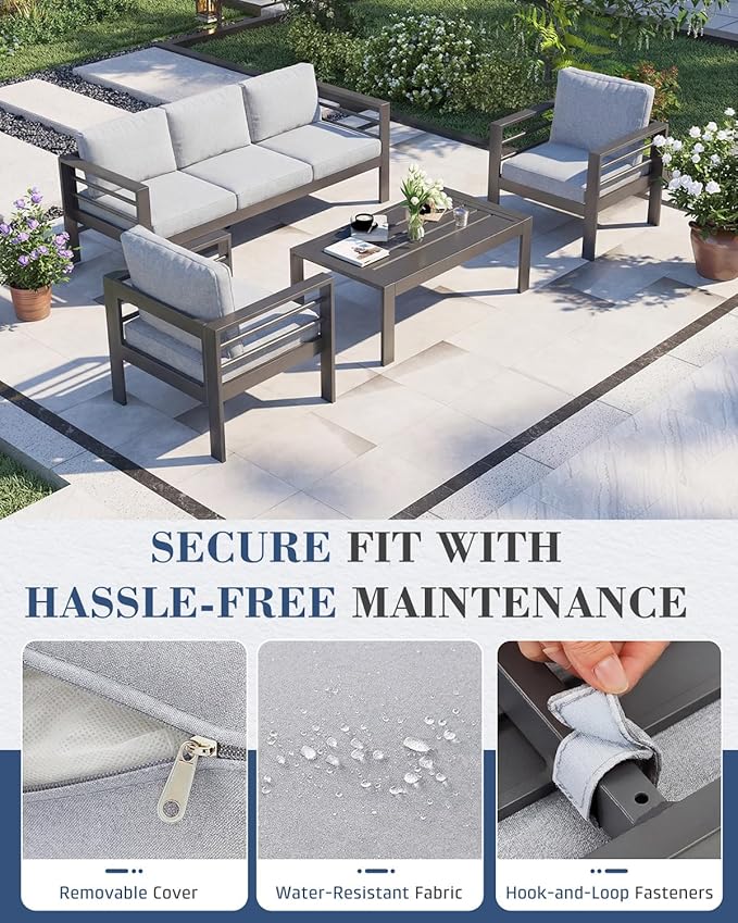 AECOJOY Aluminum Patio Furniture Set, 5 Seats Modern Outdoor Furniture with Coffee Table, 4 Pieces Metal Conversation Sectional Sofa, Light Gray