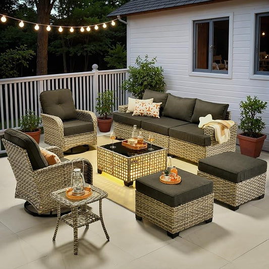 ovios 9 Piece Patio Sectional Furniture with Swivel Rocking Chairs, Rattan Wicker Coversation Set with Glowing Coffee Table, Outdoor Sofa Set for Outside Porch Balcony Backyard Pool, Black