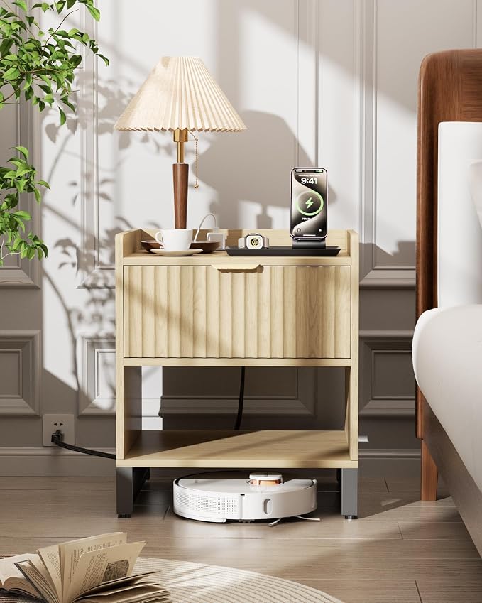 Fluted Night Stand with Charging Station, Wood Nightstand with Large Drawer and Open Storage Cabinet, Mid-Century Modern Bedside Table End Table for Bedroom Closet Office by DEMEGA