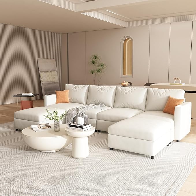 ERYE Oversized Chenille Upholstered Modular Storage Sectional Sofa Couch W/2 Movable Ottomans & Cupholders, U-Shaped Free Combined Sofa Couch Convertible Sleeper Sofabed for Living Room Apartment