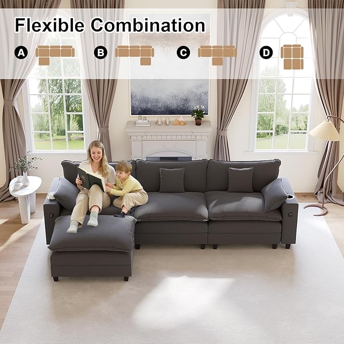116" Modular Sectional Couch, L Shaped Cloud Couch with Movable Ottoman, Deep Seat Cloud Sofa with Charging Station, Cup Holder, Side Pocket, Chenille Sectional Couches for Living Room, Grey