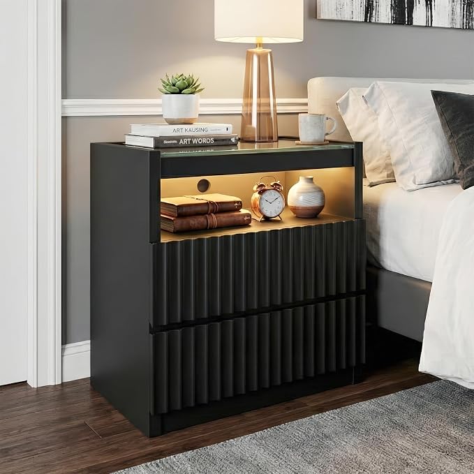 NightStand Set of 2 with Charging Station,with LED Lights and Tempered Glass Panel,Modern Bedside Tablewith 2 Fluted Drawers and Open Shelf,Hidden Handles End Table,Bedroom of Nightstand(Black) - Image 3