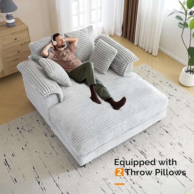 VINGLI Lounge Chair, 56" Oversized Reading Chair Corduroy Chaise Sofa Recliner Bed Upholstered Comfy Sleeper Couch with Throw Pillows and Armrests for Living Room, Movie Room, Bedroom
