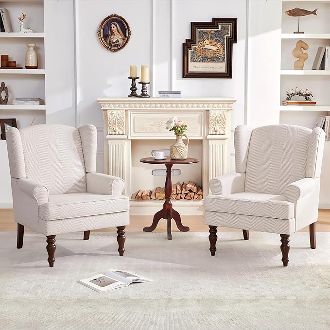 HUIMO Living Room Chair Upholstered High Back Armchair Retro Printed Wingback Chair in Linen for Bedroom & Study Comfy Accent Sofa Chair Reading Chair Holds 300lbs (2, Tan with Lines)