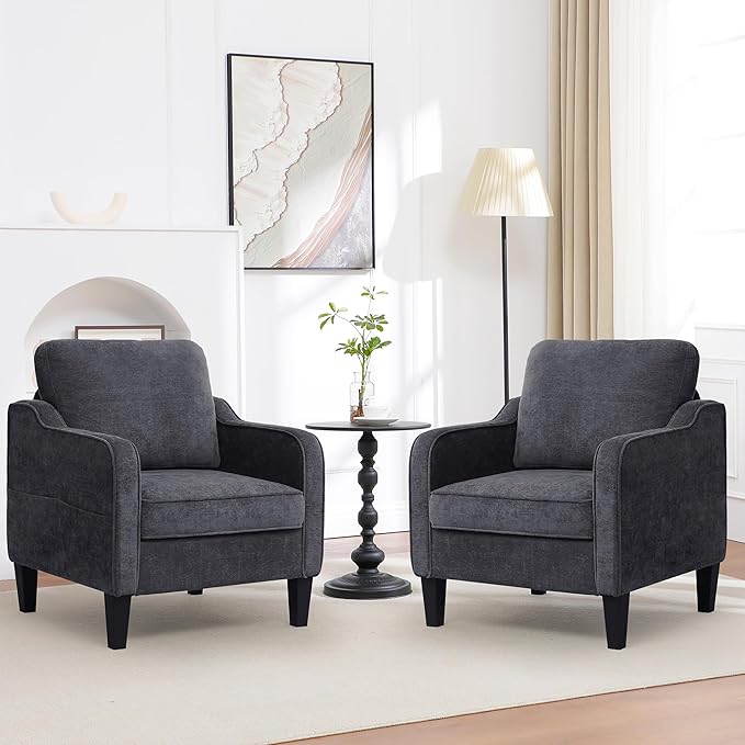 Accent Chair for Living Room, Mid Century Modern Reading Chair for Bedroom, Upholstered Armchair with Side Pockets, Comfy Single Sofa Side Chair for Office, Apartment, Small Room, Dark Grey