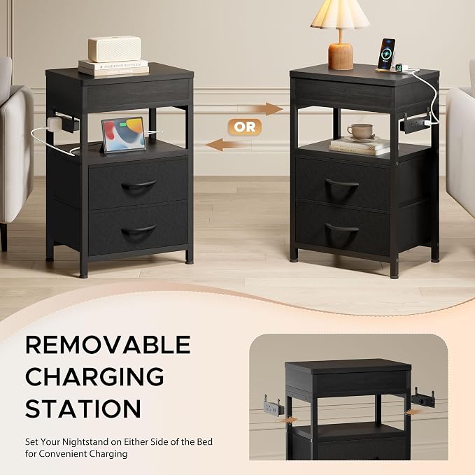 Lazzanto Nightstand Hidden Drawer Charging Table - Night Stand with Charger Station and Sliding Top Storage, Morden Bedside Table with 2 Fabric Drawers, for Dorm Living Room Bedroom, Black - Image 4