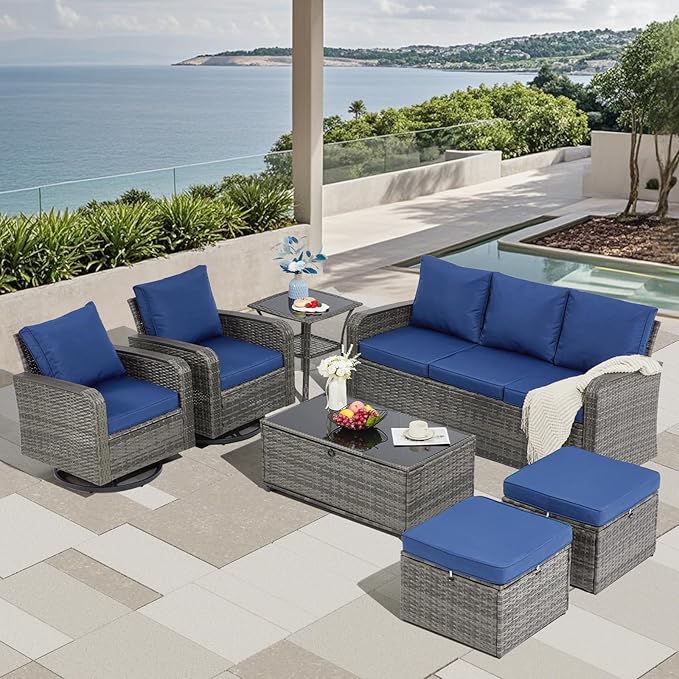 7 Pieces Outdoor Patio Furniture Set with Swivel Chairs, Wicker Patio Furniture for Porch Deck Bistro Lawn Garden Backyard Poolside-Blue