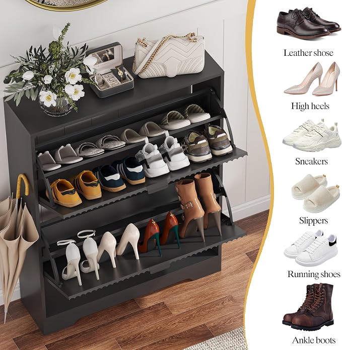 HUANLEGO Shoe Cabinet Storage for Entryway with 2 Flip Drawers, Black Fluted Shoe Cabinet with Open Storage, Wooden Hidden Shoe Rack Freestanding Narrow Slim Shoes Organizer for Hallway, Entrance - Image 4