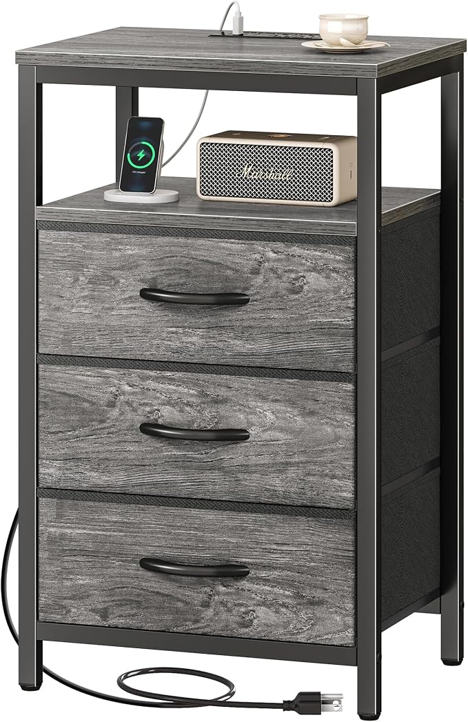 Huuger Nightstand with Charging Station, 27.6 Inch End Table Bedside Table with USB Ports and Outlets, Night Stand for Bedroom, Fabric Drawers, Grey - Image 9