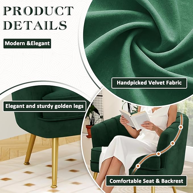 Andeworld Velvet Accent Chair, Upholstered Modern Single Sofa Side Chair,Comfy Barrel Club Living Room Armchair with Golden Metal Legs for Bedroom Living Reading Room Office, Green