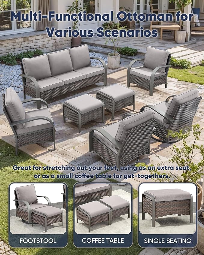 HUMMUH Outdoor Wicker Chairs Set of 2-All Weather Rattan Wicker Patio Chairs with Ottoman Small Outdoor Furniture Set for Deck Porch Garden Poolside Backyard-Brown/Grey