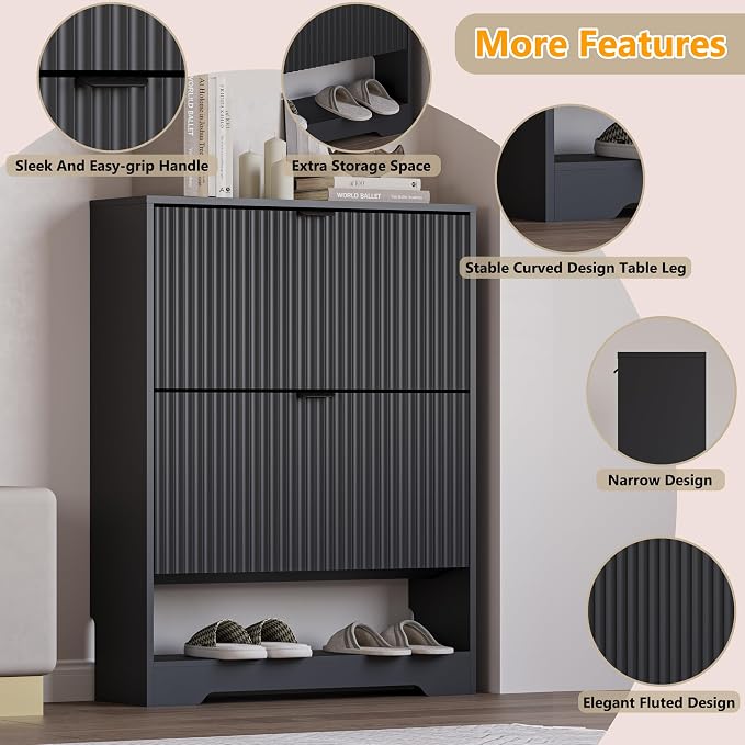 BORNOON Shoe Cabinet with 2 Flip Drawers, Fluted Shoe Storage Cabinet with Adjustable Shelves, Freestanding Rack and Organizer for Entryway, Closet, Hallway - Image 4
