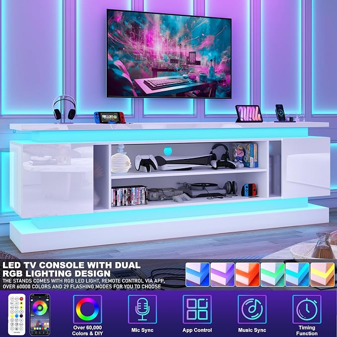 chartustriable 81IN LED TV Stands w/Power Outlet for 90/80/75 Inch TVs,High Glossy Modern Tall Entertainment Center TV Media Console Gaming with 2 Storage Cabinets,Dual LED Lights,White - Image 4