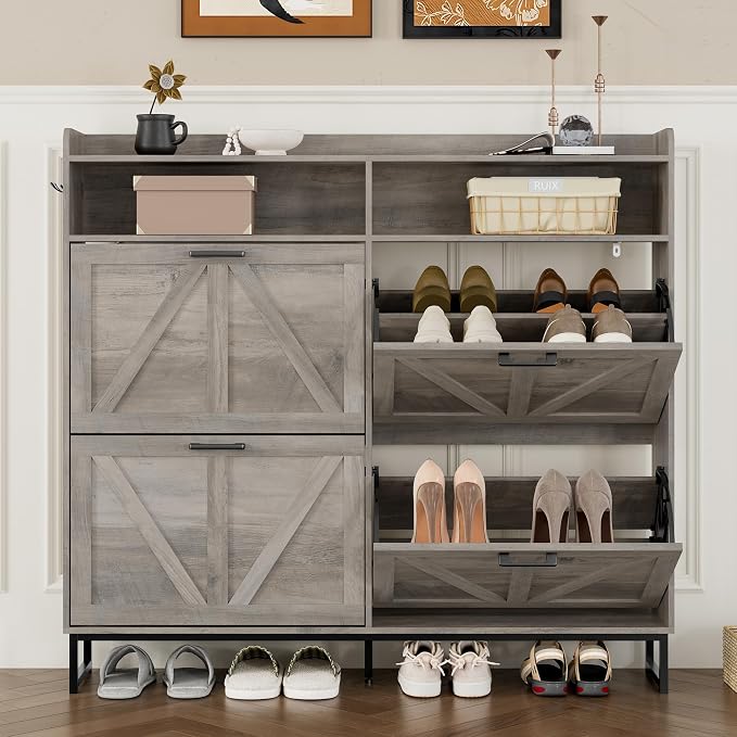 BORNOON Shoe Cabinet with 4 Flip Drawers Narrow Shoe Storage Cabinet Organizer Wooden Freestanding Shoe Rack Hidden Slim Shoes Storage Cabinet for Entryway, Hallway, Living Room, Bedroom - Image 5