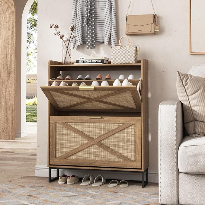 Maupvit Shoe Storage Cabinet with 2 Rattan Flip Drawers, Freestanding Organizer with Metal Legs for Entryway, Narrow Shoe Rack Cabinet, Hidden Golden Handles, Rustic Oak Rattan by MaupvitFurniture