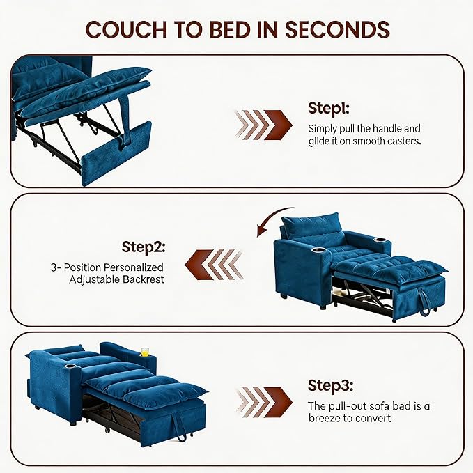 Casaphoria Convertible Sleeper Chair 66.54" Futon Sofa Bed Single Sleeper Sofa Small Couch Bed with Adjustable Backrest for College Dorm Bedroom Studio Apartment