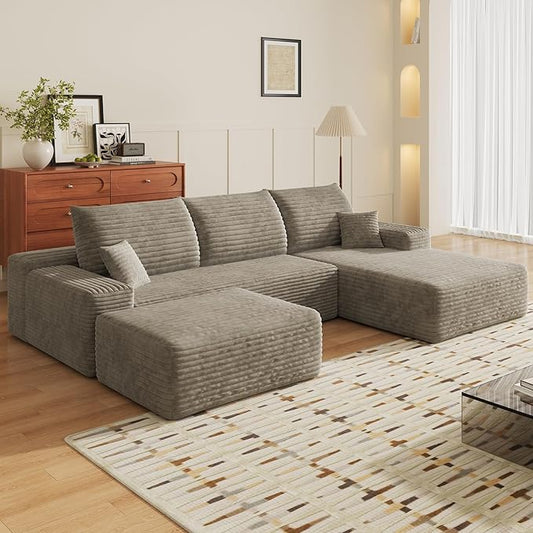 107" U Shaped Corduroy Couch with Ottoman, Compression Boneless Sofa, Deep Seat Cloud Modular Couch, Comfy Sectional Couches for Living Room Bedroom, No Assembly, Right Facing Chaise, Camel