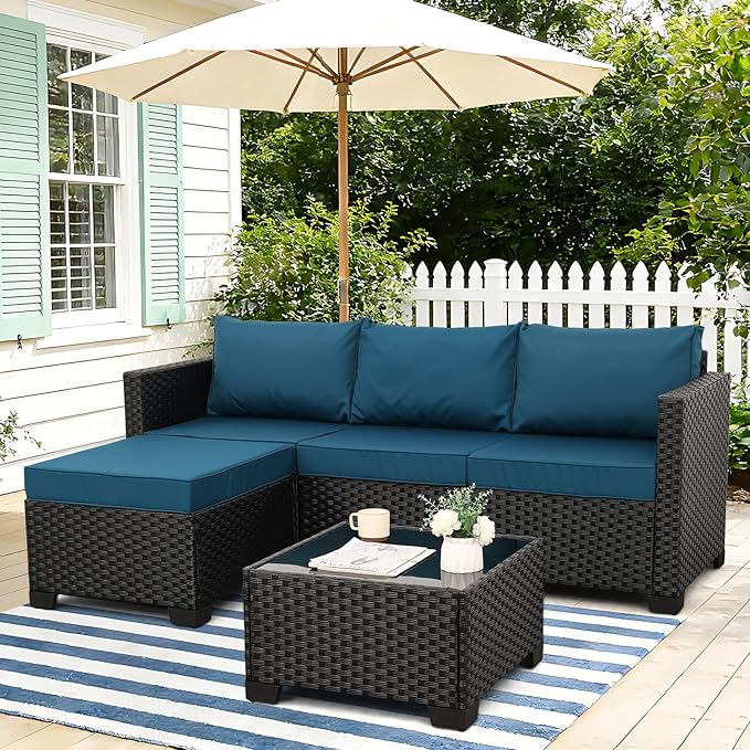 3 Pieces Patio Furniture Set Outdoor Sectional Wicker Patio Furniture Patio Couch with Ottoman and Outdoor Glass Table Weathering Anti-Slip Cushions Waterproof Covers, Peacock Blue