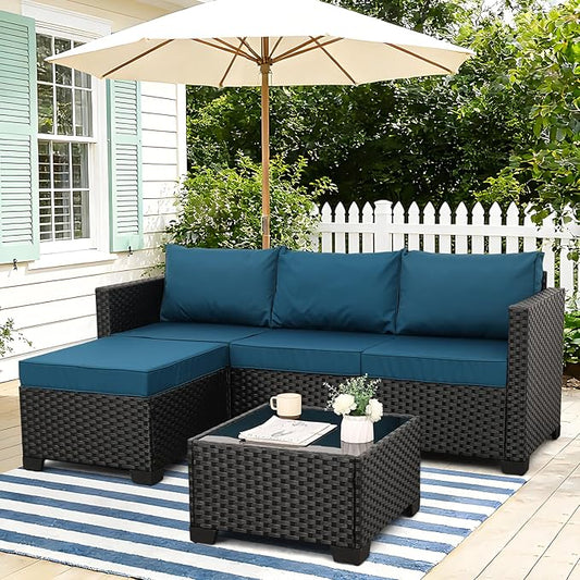 3 Pieces Patio Furniture Set Outdoor Sectional Wicker Patio Furniture Patio Couch with Ottoman and Outdoor Glass Table Weathering Anti-Slip Cushions Waterproof Covers, Peacock Blue