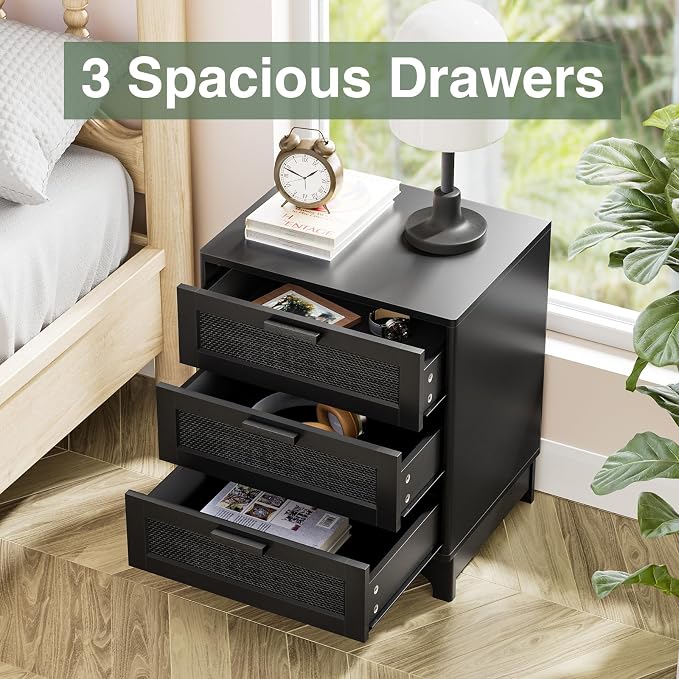 Anmytek Rattan Nightstand with 3 Drawers, Farmhouse Night Stand with Nature Rattan Storage Drawers, Black Wood Bedside Table Sofa End Side Table for Bedroom Dorm Small Spaces, 15.5”D x 19.7”W x 23.6”H - Image 4