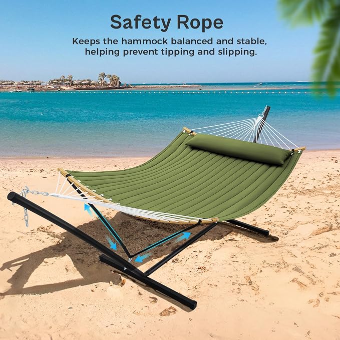 SUPERJARE Curved-Bar Hammock with Stand, 2 Person Heavy Duty Hammock Frame, Detachable Pillow & Portable Carrying Bag, Perfect for Outdoor & Indoor, Spring Green - Image 5