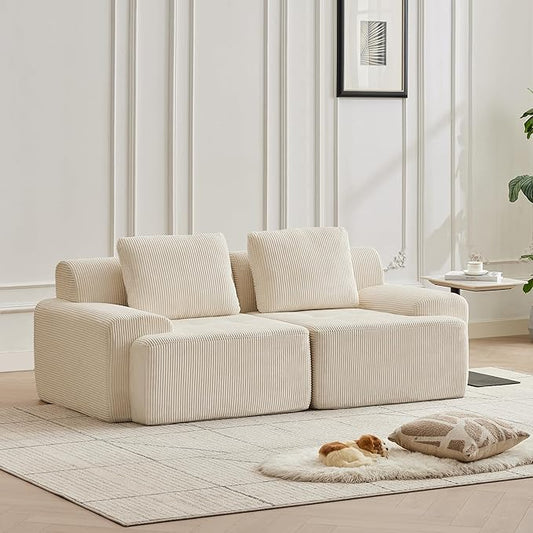 Modular Sectional Sofa with Movable Ottoman, 2 Seat Deep Seat Couch with 2 Pillows, Comfy Cloud Sectional Sofa for Living Room, Bedroom and Apartment (White, 2 Left+2 Right)