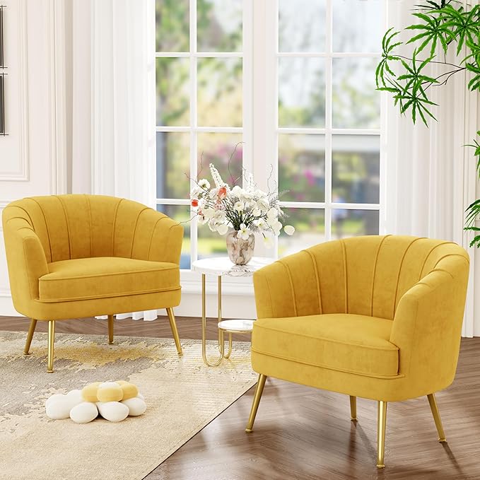 Andeworld Velvet Accent Chair Set of 2, Upholstered Modern Single Sofa Side Chair,Comfy Barrel Club Living Room Armchair with Golden Metal Legs for Bedroom Living Reading Room Office, Yellow