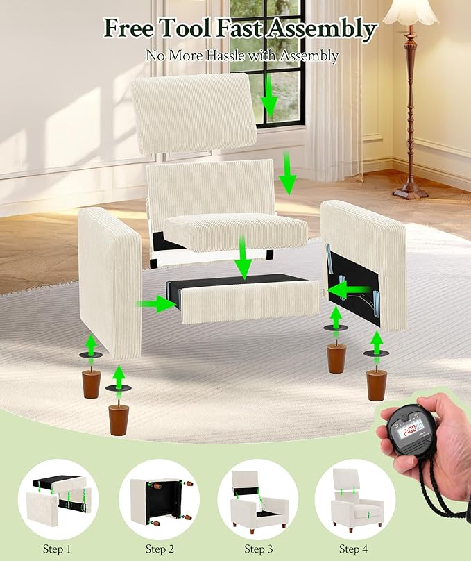 35.3" Couches for Living Room, Comfy Beige Couch Single with 22.5" Deeper Seat, Accent Chair Tool-Free Setup, Reading Chair 440lbs Support, Corduroy Couch for Bedroom, Apartment, Office