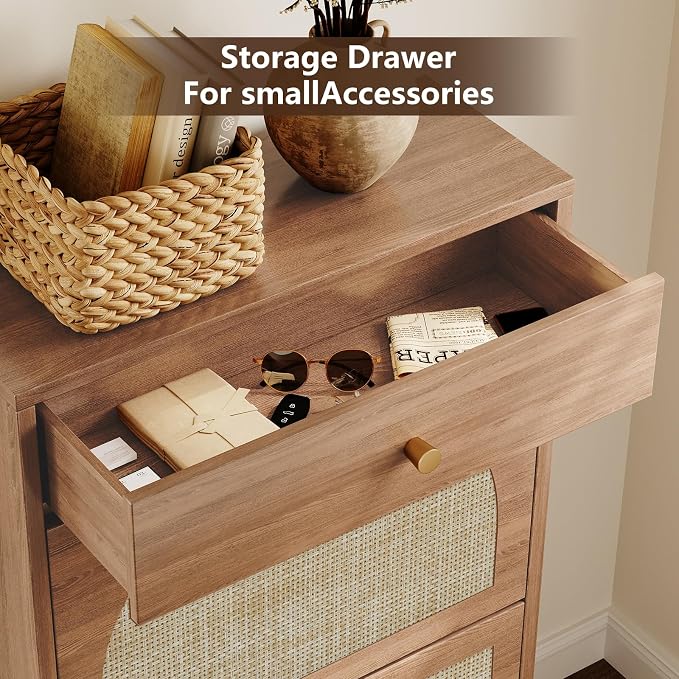 Nicetree Shoe Cabinet for Entryway, Slim Shoe Rack with 2 Flip Drawers and Top Storage Drawer, Narrow Shoe Organizer with Printed Rattan-Look Design, Entryway Shoe Storage for Size 12 Shoes, Caramel - Image 6