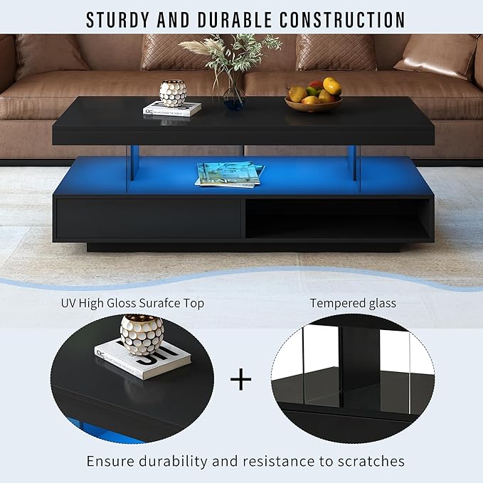 Modern LED Coffee Table with Storage, High Gloss Cocktail Center Table with Drawers, Display Shelves & LED Lights for Living Room, 51.2’’, Black