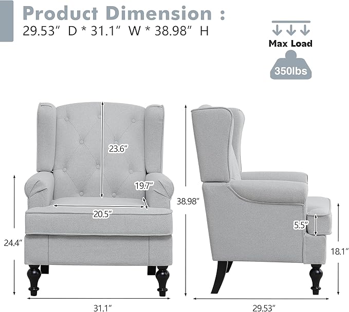 Accent Chair Set of 2, Mid Century Modern Fabric Wingback Chair, Upholstered Armchair with High Back and Vintage Legs, Comfy Single Sofa Side Reading Chair for Living Room Bedroom, Light Grey
