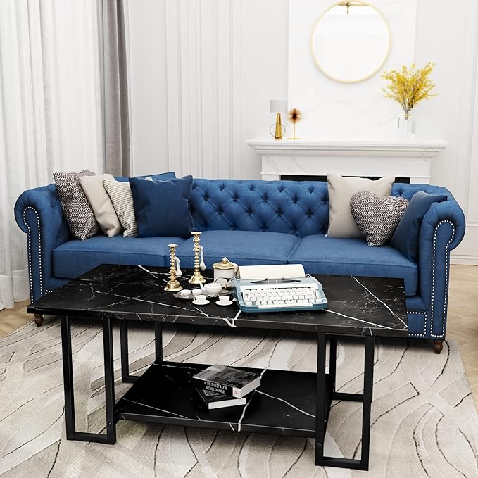 AWQM Marble Coffee Table, Faux Marble Top Rectangular Coffee Table with Black Metal Frame, 2 Tier Living Room Table for Living Room, Office, Balcony, Black, 40 Inch (GJ09)