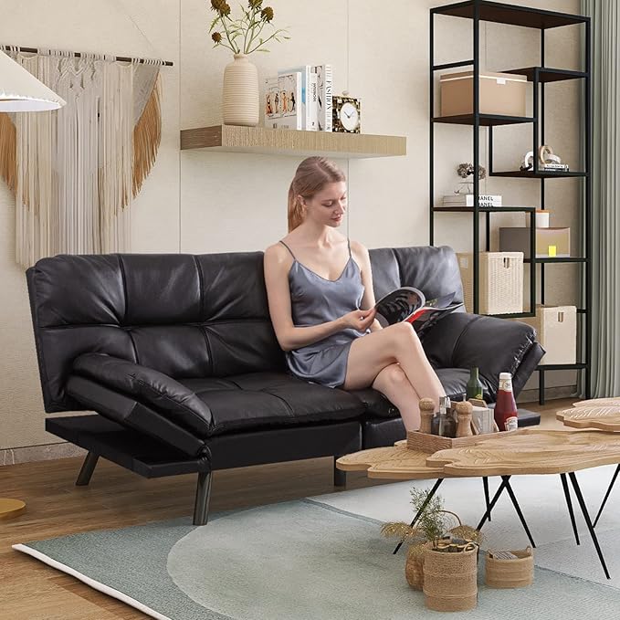 Opoiar Futon Sofa Bed Couch with Frame and Mattress,Black Faxu Memory Foam Leather Futon Split seat, Folding Modern Sleeper Sofa Love seat for Small Space/Drom/Office/Apartment