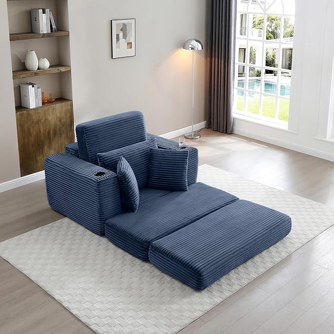 Eafurn 52.4" Oversized Chaise Lounge Indoor with Foldable Ottoman Convertible Boneless Sleeper Sofa Bed, Deep Seat Lounge Chair with Cup Holder & Side Pocket, No Assembly for Living Room | Breathable material, Cupholders