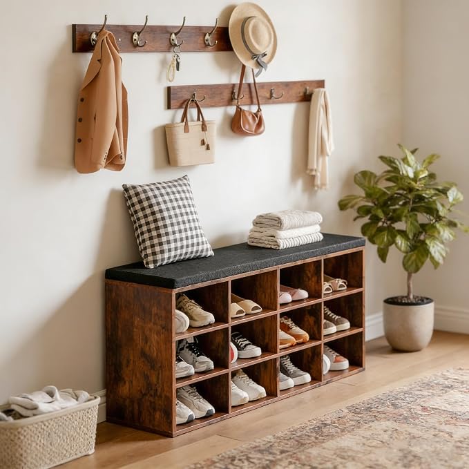 HOOBRO Shoe Storage Bench with Cushion, 39.4" L Entryway Bench with 12 Cubbies, Entryway Hall Tree with Storage, Shoe Cabinet with Coat Rack for Bedroom, Hallway, Holds up to 330 lb, BF112HX01G1 - Image 2