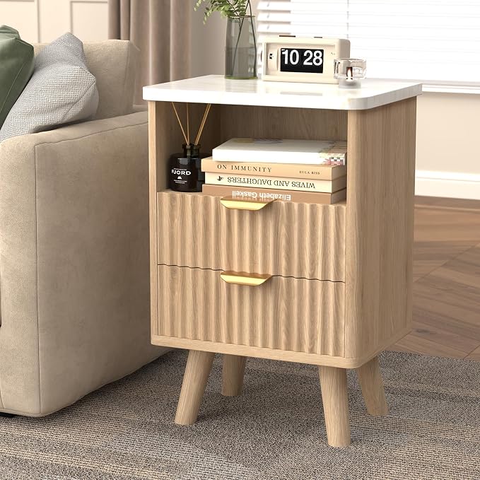 Fluted Nightstand Set of 2, Mid Century Modern Wood Bedside Table with 2 Drawers and Faux Marble Top, Natural Oak End Tables for Bedroom or Living Room, 18.9 x 18.9 x 25.2in - Image 7
