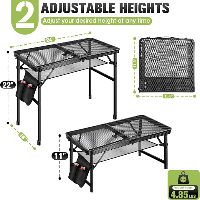 Ciavca Upgraded Folding Grill Table - Metal Portable Camping Table, 2 Height Adjustable Max 22", Lightweight Foldable for Outside BBQ 24"x15.8" - Image 2
